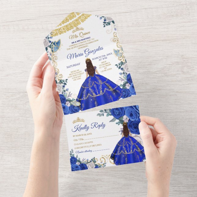 Royal Blue 16th Birthday Quinceañera Gold Crown All In One Invitation (Tearaway)