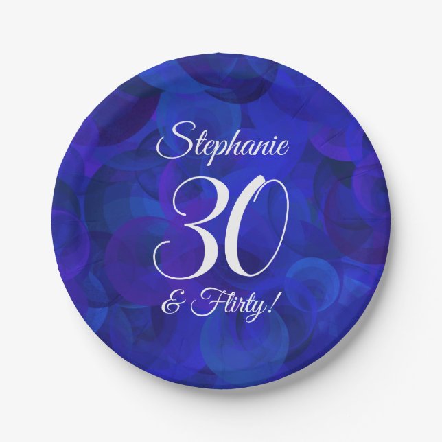 Royal Blue 30 and Flirty Birthday Party Paper Plate (Front)