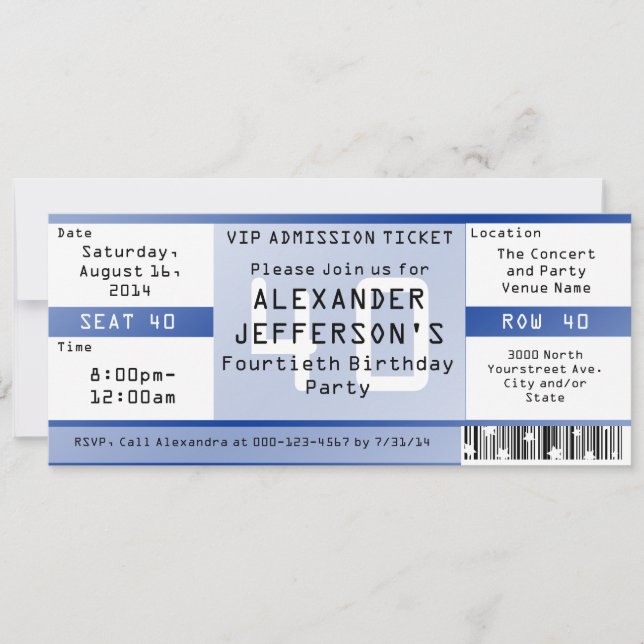 Royal Blue 40th Birthday Party Ticket Invitation (Front)