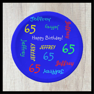 Royal Blue, 65th Birthday Party, Repeating Names Paper Plate