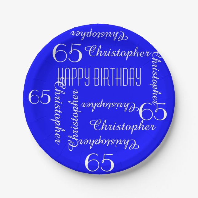 Royal Blue 65th Birthday Party Repeating Names Paper Plate (Front)