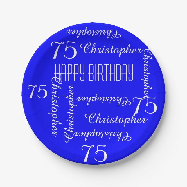 Royal Blue 75th Birthday Party Repeating Names Paper Plate (Front)