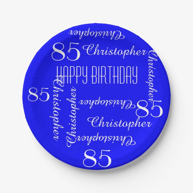 Royal Blue 85th Birthday Party Repeating Names Paper Plate (Front)