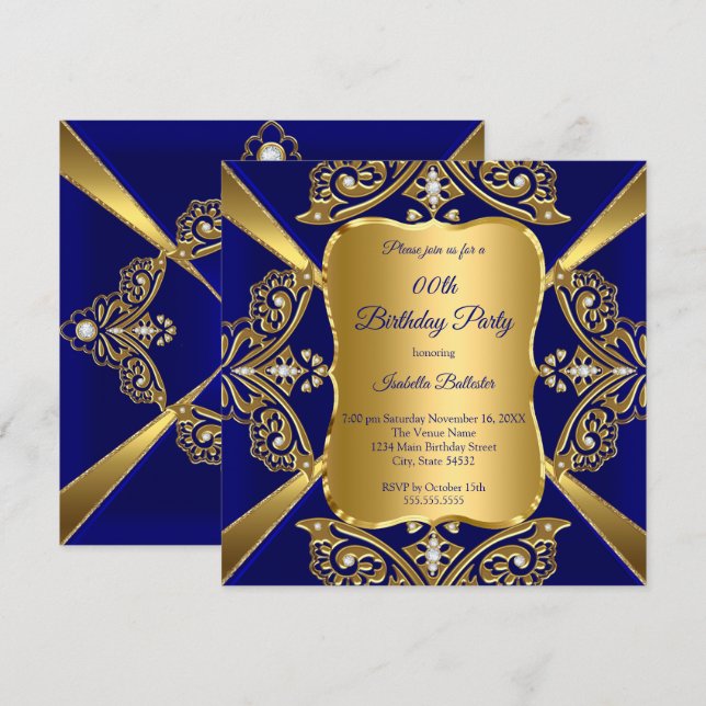 Royal Blue Add Age Birthday Party Gold Diamond Invitation (Front/Back)