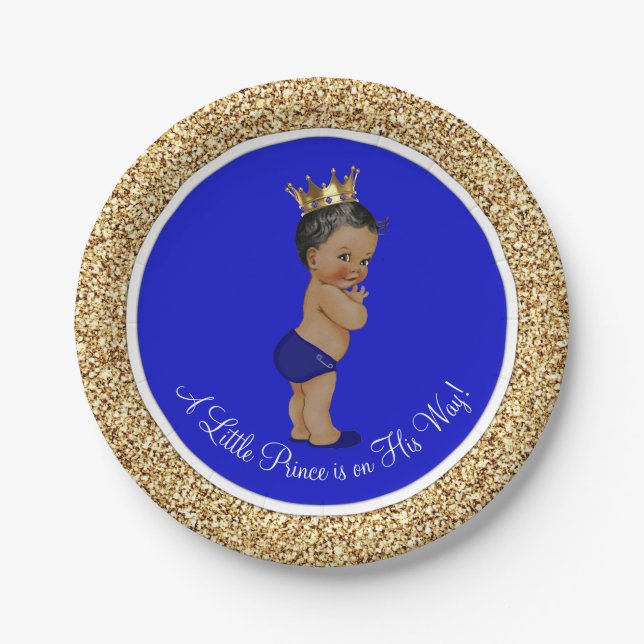 Royal Blue African American Prince Baby Shower Paper Plate (Front)