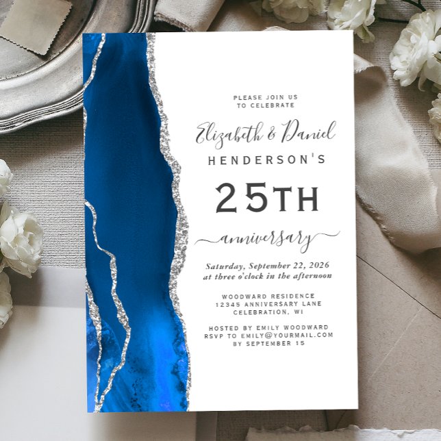 Royal Blue Agate Silver 25th Anniversary Invitation (Creator Uploaded)