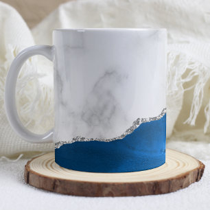 Royal Blue Agate Silver Glitter White Marble  Coffee Mug