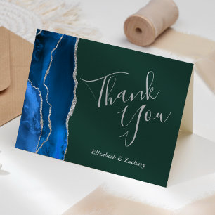 Royal Blue Agate Silver Green Wedding Thank You Card