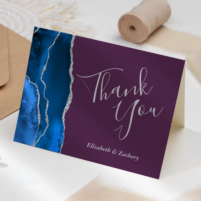 Royal Blue Agate Silver Plum Wedding Thank You Card (Creator Uploaded)