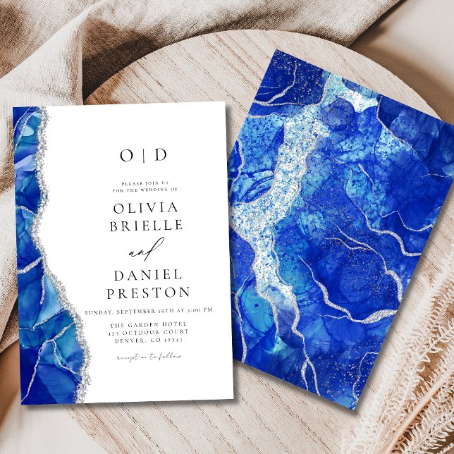 Royal Blue Agate Silver Wedding Modern Elegant Invitation (Creator Uploaded)