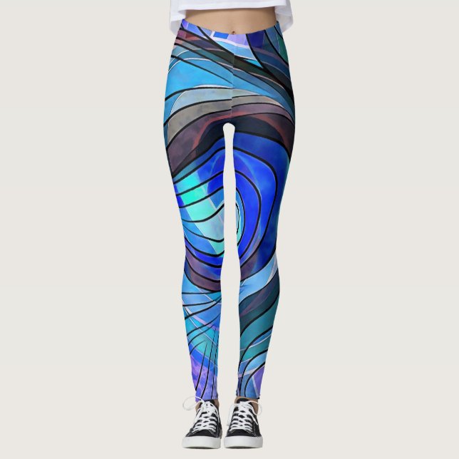 Royal Blue and Aqua Doodle With Black Lines Leggings (Front)
