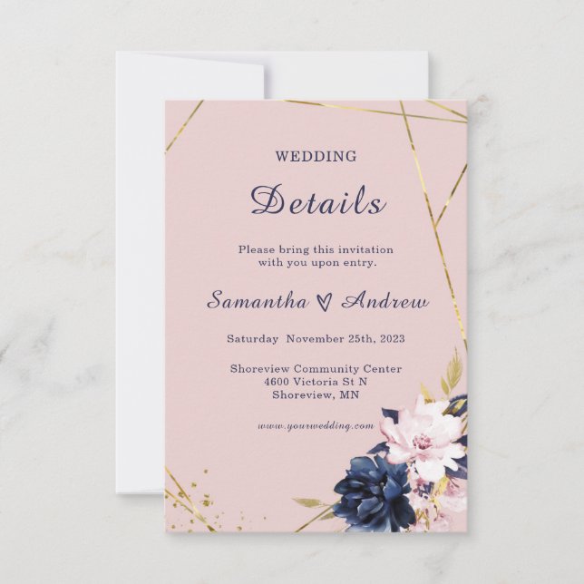 Royal Blue and Blush Wedding Details Template (Front)