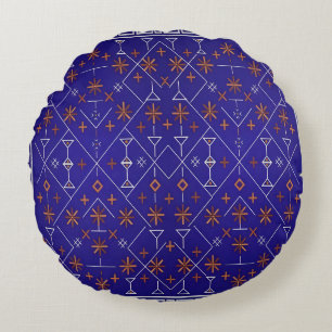 Royal Blue and Bronze Celestial Tribal Kilim Round Cushion