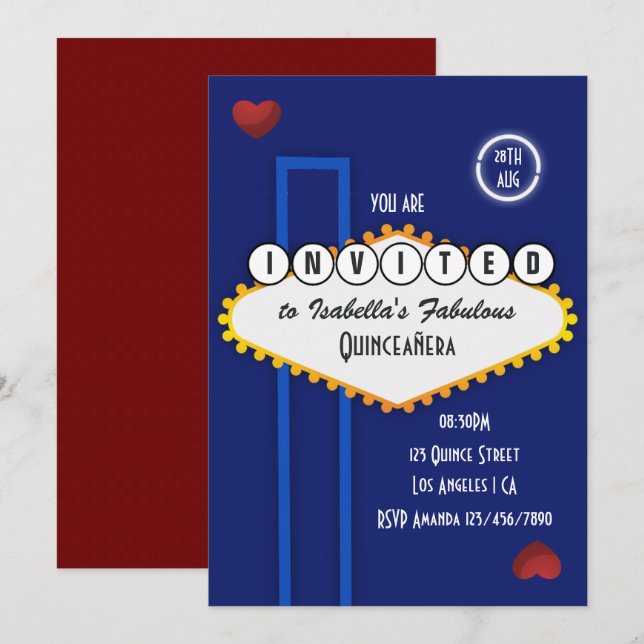 Royal Blue and Burgundy Las Vegas Quinceañera Invitation (Front/Back)