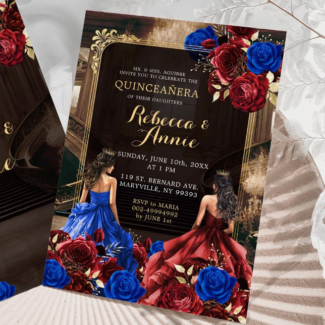 Royal Blue and Burgundy Red Floral Royal 15 Años Invitation (Creator Uploaded)