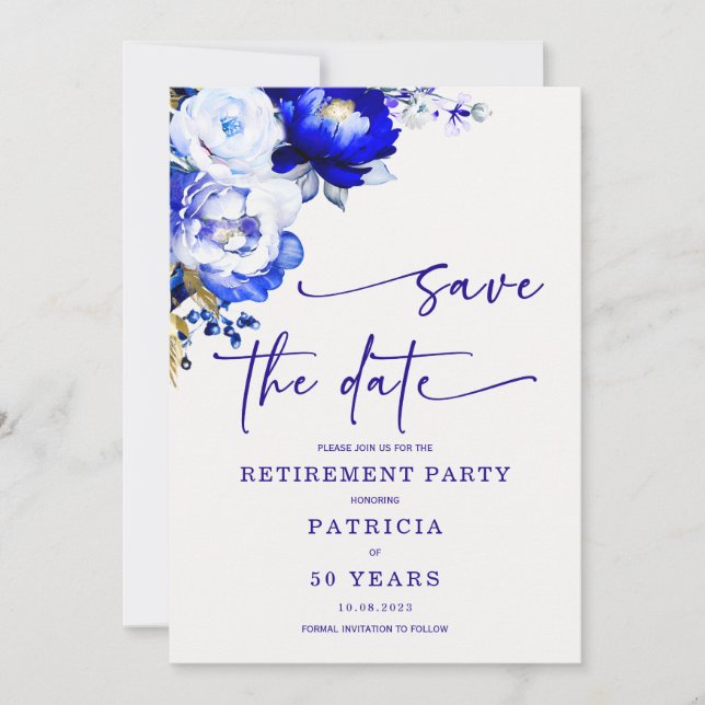 Royal Blue and Dusty Blue Retirement Save the Date Invitation (Front)