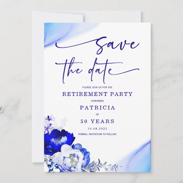 Royal Blue and Dusty Blue Retirement Save the Date Invitation (Front)