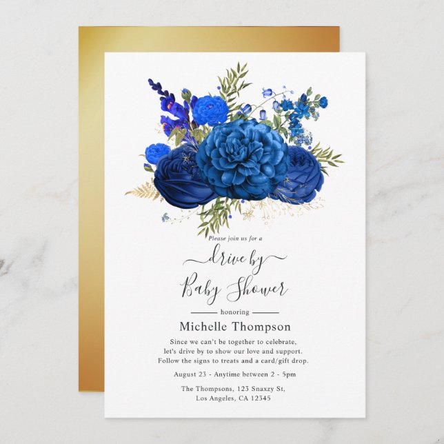 Royal Blue and Faux Foil Gold Drive By Shower Invitation (Front/Back)