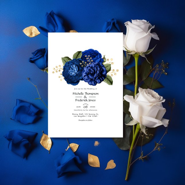Royal Blue and Faux Foil Gold Floral Wedding Invitation (Creator Uploaded)