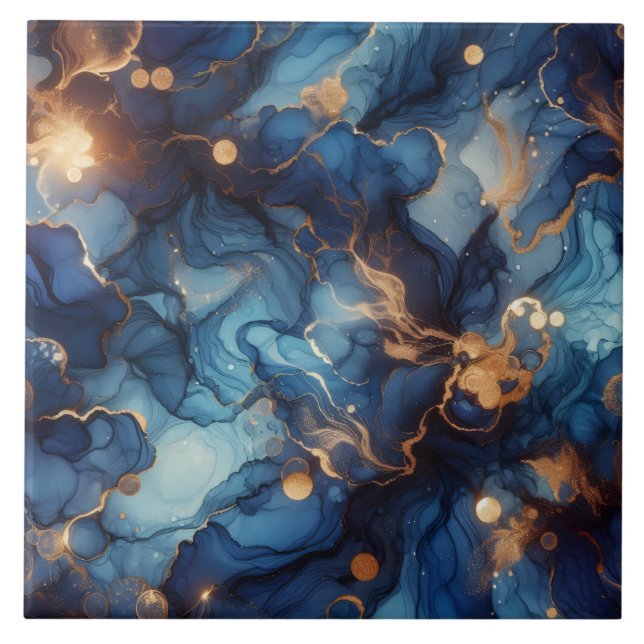 Royal Blue and Gold Alcohol Ink Tile (Front)