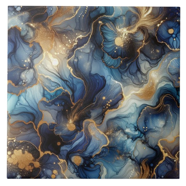 Royal Blue and Gold Alcohol Ink Tile (Front)