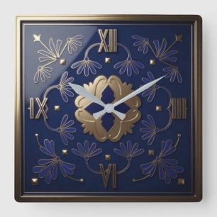 Royal Blue and Gold Art Deco Luxury Floral Square Wall Clock