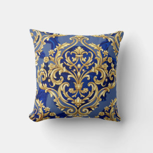 Royal Blue and Gold Baroque Damask Pattern Cushion