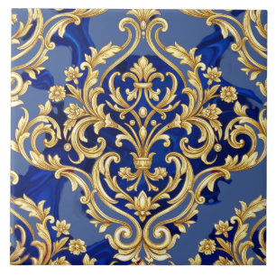 Royal Blue and Gold Baroque Damask Pattern Tile
