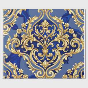 Royal Blue and Gold Baroque Damask Pattern Wrapping Paper