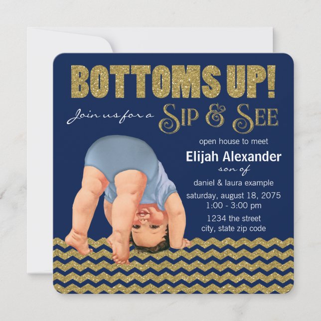 Royal Blue and Gold Boys Sip and See Invitation (Front)
