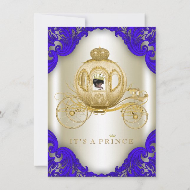 Royal Blue and Gold Carriage Prince Baby Shower Invitation (Front)