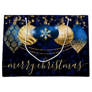 Royal Blue and Gold Christmas Baubles Holiday Large Gift Bag