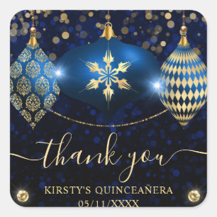 Royal Blue and Gold Christmas Baubles Quinceanera Square Sticker