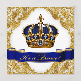 Royal Blue and Gold Crown Prince Baby Shower Invitation
