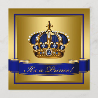 Royal Blue and Gold Crown Prince Baby Shower Invitation