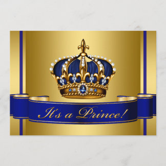Royal Blue and Gold Crown Prince Baby Shower Invitation