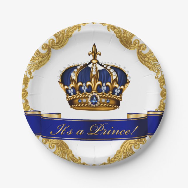 Royal Blue and Gold Crown Prince Baby Shower Paper Plate (Front)