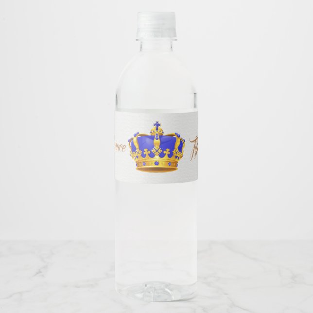 Royal Blue and Gold Crown Prince Baby Shower Water Bottle Label (Front)