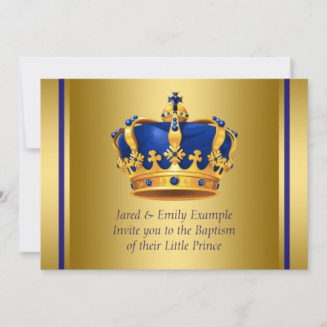 Royal Blue and Gold Crown Prince Baptism Invitation (Front)