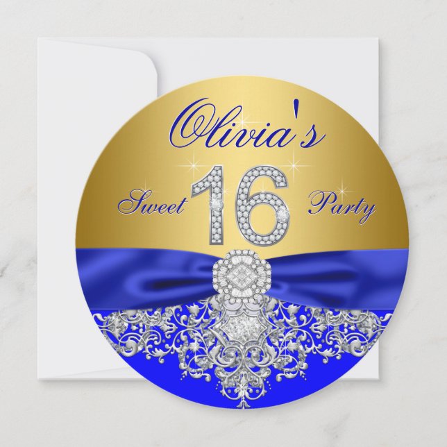 Royal Blue and Gold Diamond Sweet 16 Party Invitation (Front)