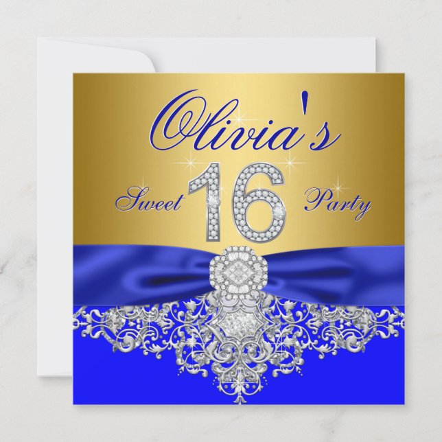 Royal Blue and Gold Diamond Sweet 16 Party Invitation (Front)
