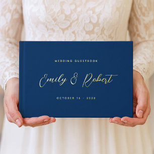 Royal Blue and Gold Elegant Script Wedding Photo Guest Book