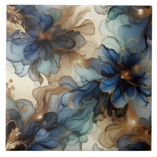 Royal Blue and Gold Floral Alcohol Ink Tile