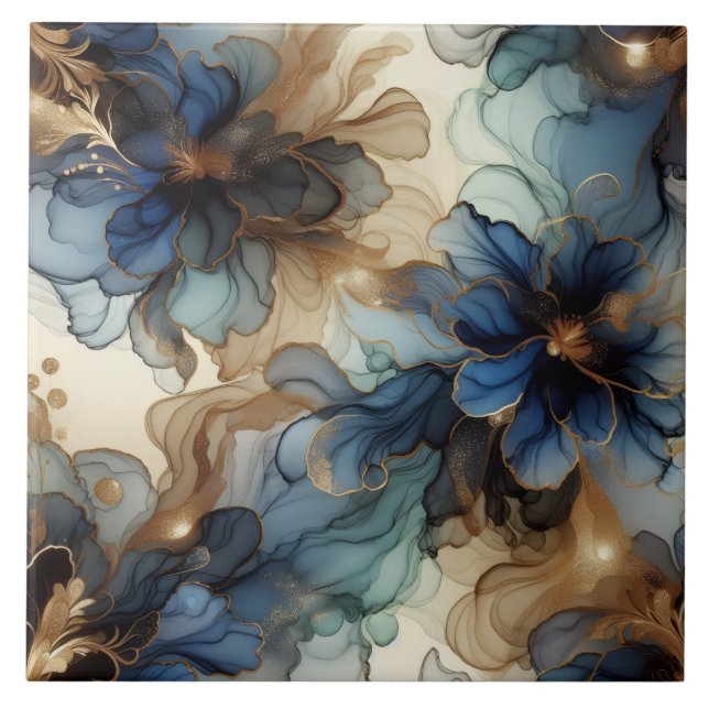 Royal Blue and Gold Floral Alcohol Ink Tile (Front)