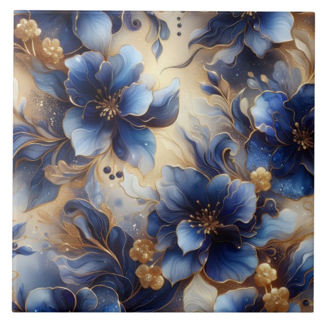 Royal Blue and Gold Floral Alcohol Ink Tile (Front)
