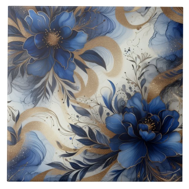 Royal Blue and Gold Floral Alcohol Ink Tile (Front)