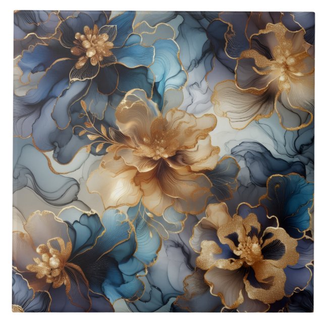 Royal Blue and Gold Floral Alcohol Ink Tile (Front)