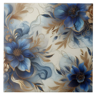 Royal Blue and Gold Floral Alcohol Ink Tile