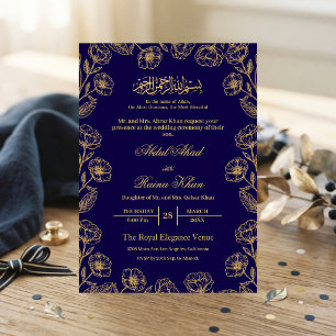 Royal Blue and Gold Floral Islamic Muslim Wedding Invitation