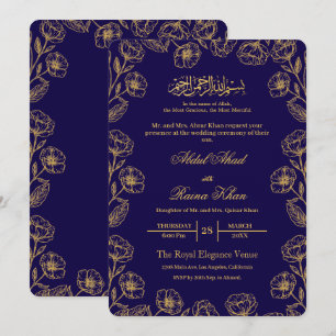Royal Blue and Gold Floral Islamic Muslim Wedding Invitation